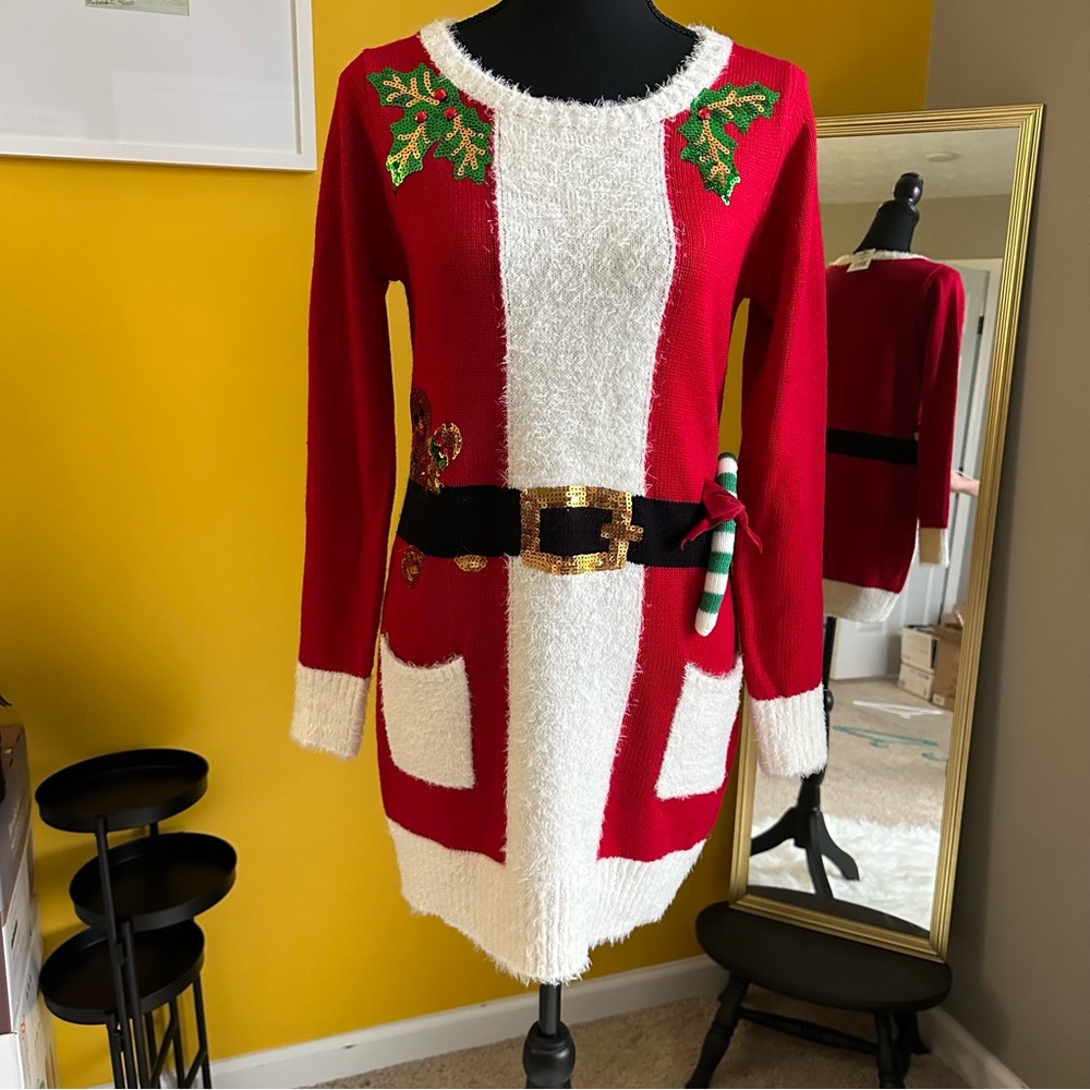 NWT Ugly Christmas Sweater Dress Mrs Clause Santa Gingerbread Candycane XS